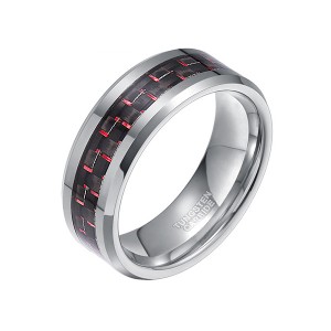 8MM Mens Tungsten Ring Wedding Band Black Plated with Silver and Red Carbon Fiber Inlay