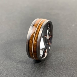 8mm Brushed Domed Hammered Silver Black Coffee Rose Gold Tungsten Guitar String Ring With Whiskey Barrel Koa Wood Inlay