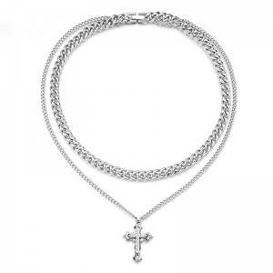 Stainless Steel Cz Crystal Diamond Cross Pendant Men’s Necklace Women