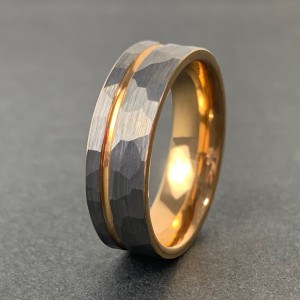 Wholeasle 8mm Gold Plated Harmmered Tungsten Ring with Groove For Men