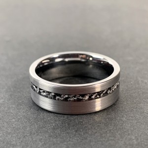 Popular Matt Black Tungsten Ring With Crushed Meteorite Inlay