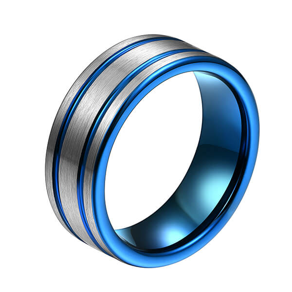 Newly Arrival Two Tone Tungsten Wedding Bands - Classic Men 8mm Blue Tungsten Carbide Rings Polished Beveled Edge Double Groove For Mens – Ouyuan detail pictures