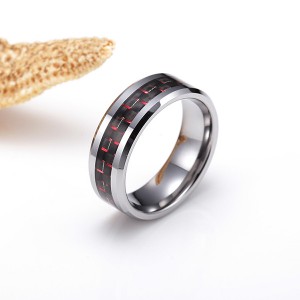 8MM Mens Tungsten Ring Wedding Band Black Plated with Silver and Red Carbon Fiber Inlay