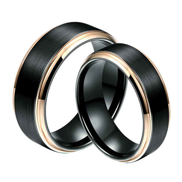 6mm 8MM Black Tungsten Carbide Ring Matte Brushed Wedding Band Rose Gold Plated Beveled Edge Featured Image