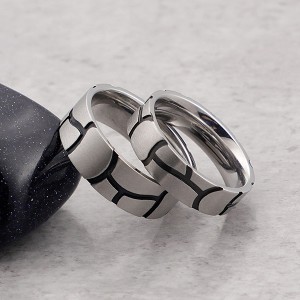 Surface Drawn Yarn and Black Striped Stainless Steel Ring