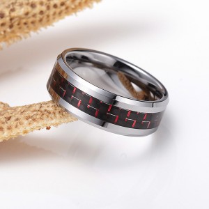 8MM Mens Tungsten Ring Wedding Band Black Plated with Silver and Red Carbon Fiber Inlay