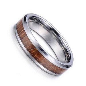 Vintage Natural Color Inlaid Wood Leather Men’s Jewelry Tungsten Ring