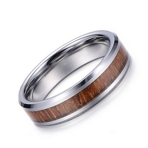 Vintage Natural Color Inlaid Wood Leather Men’s Jewelry Tungsten Ring