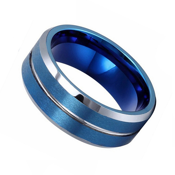 China Double Brushed Blue Tungsten Steel Ring with Silver Bevel and ...