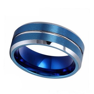 Double Brushed Blue Tungsten Steel Ring with Silver Bevel and Line