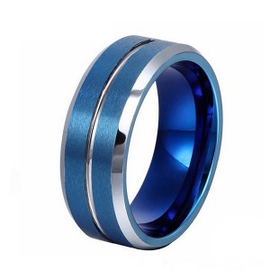 Double Brushed Blue Tungsten Steel Ring with Silver Bevel and Line