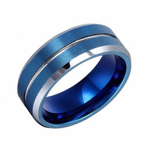 Double Brushed Blue Tungsten Steel Ring with Silver Bevel and Line