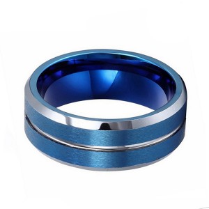 Double Brushed Blue Tungsten Steel Ring with Silver Bevel and Line