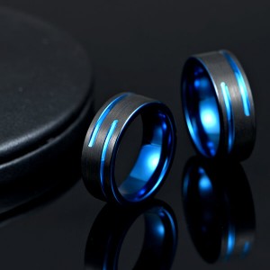 Tungsten Carbide Single Band Customize Blue Line Ring Black and Black Brushed Comfort Fit