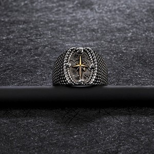 Retro Vintage Stainless Steel Four-Pointed Star Cross Religious Ring