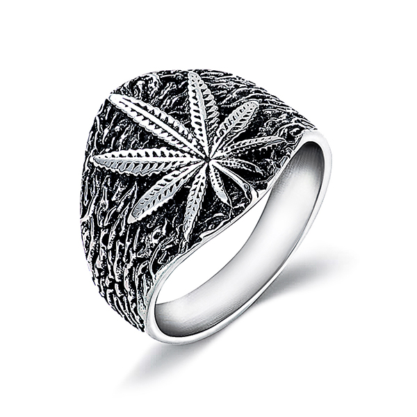 Retro Style Trendy Hemp Leaf Stainless Steel Men’s Ring Featured Image