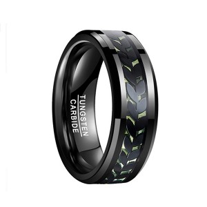 Men’s Black Tungsten with Green Carbon Fiber Carved Leaf Pattern Ring