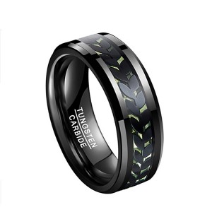 Men’s Black Tungsten with Green Carbon Fiber Carved Leaf Pattern Ring