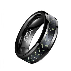 Men’s Black Tungsten with Green Carbon Fiber Carved Leaf Pattern Ring