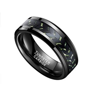 Men’s Black Tungsten with Green Carbon Fiber Carved Leaf Pattern Ring