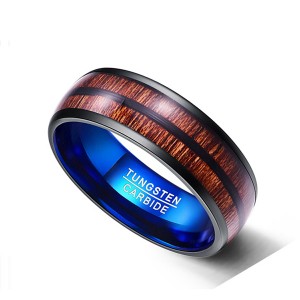 Wood Color Ring Double Slotted Wood Grain Blue Tungsten Men’s Ring