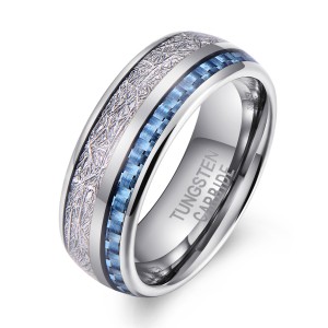 wholesale Fashion Jewelry Ring Comfort Fit 8mm silver Rings For Men with Inlaid carbon fiber