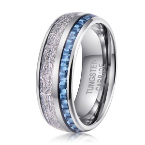 wholesale Fashion Jewelry Ring Comfort Fit 8mm silver Rings For Men with Inlaid carbon fiber