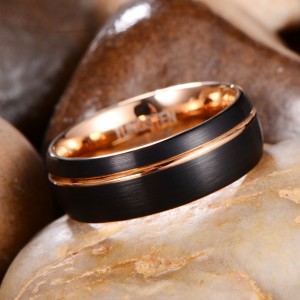 Wholesale Custom Grooved Brushed Black Man Ring Jewelry Rose Gold Tungsten Ring Tungsten Wedding Band