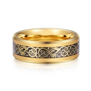 Wholesale 8mm Men Gold Brushed Finished Tungsten Ring With Dragon Inlay
