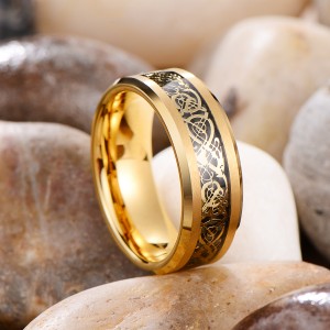 Wholesale 8mm Men Gold Brushed Finished Tungsten Ring With Dragon Inlay