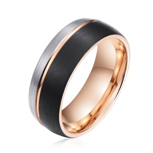 8mm Men Black Brushed Finished Tungsten Ring with Rose Gold Groove Unisex