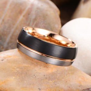 8mm Men Black Brushed Finished Tungsten Ring with Rose Gold Groove Unisex