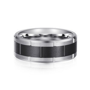 Black Silver Groove Three In One Black Tungsten Fine Jewelry For Men Ring