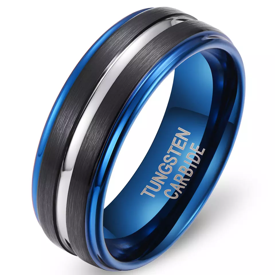 China Gold Supplier for Tungsten Carbide Ring With Roman Numerals - Manufacture Comfort Fit Jewelry Black Blue Tungsten Carbide Ring 8mm Men Wedding Band – Ouyuan