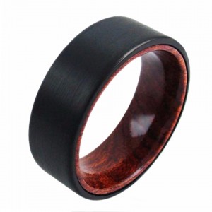 Width Customized Wood Inlay Sand Blast Hammer Tungsten Ring for Men