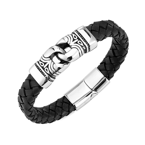 China wholesale Platinum Wedding Rings - Stainless Steel Leather Bracelet Two-Tone Cowhide Viking Hammer Bangle Men – Ouyuan