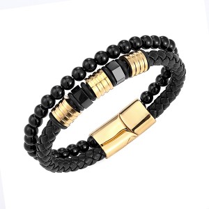 Discount Price Wedding Rings Silver Women - Black Obsidian Braided Leather Beads Bracelet with 316L Stainless Steel Magnetic Closure – Ouyuan