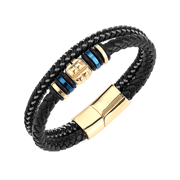 Premium Leather Bracelet for Men in Black Magnetic Stainless Steel Clasp in Black and Gold Featured Image