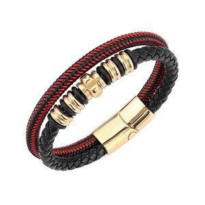 Mens Womens Hand-Made Multi-strand Black Red Braided Leather Bangle Bracelet