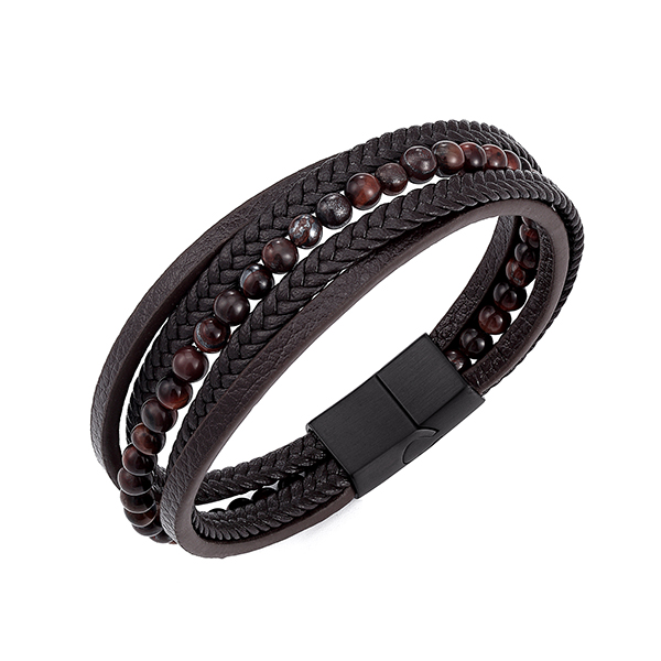 New Mens Bracelet Bead and Leather Braided Multi-Layer Braided and Magnetic Clasp Featured Image