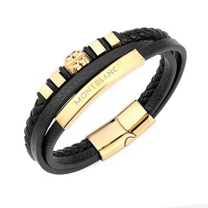 Mens Women Three-Strand Black Braided Leather Bracelet Bangle Wristband Steel Gold Ornaments