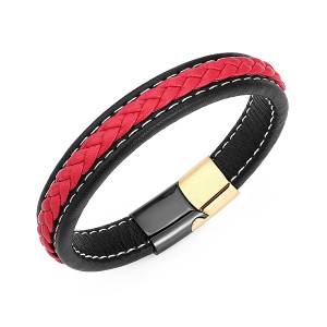 Steel Men’s Braided Red and Black Leather Cord Bracelet with Magnetic Closure