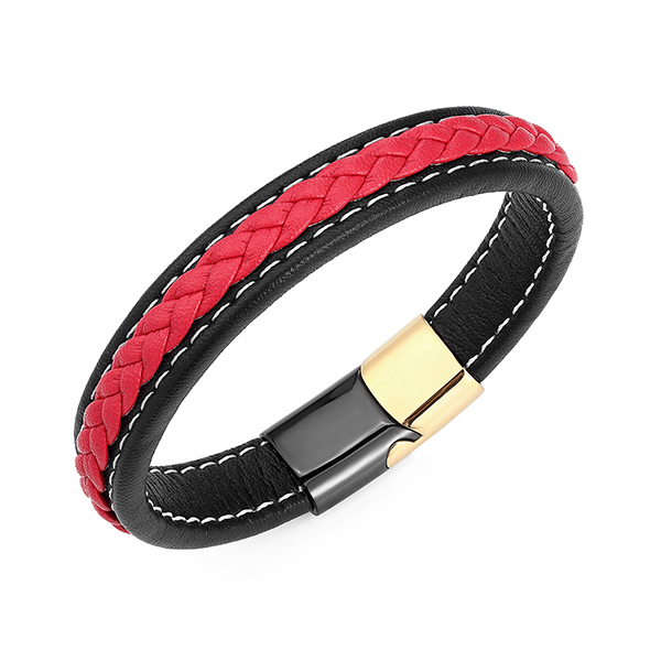 Factory wholesale Tungsten Rings Blue - Steel Men’s Braided Red and Black Leather Cord Bracelet with Magnetic Closure – Ouyuan