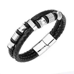 Factory directly Stainless Wedding Rings - Mens Double-Row Black Braided Leather Bracelet Bangle Wristband with Black Stainless Steel Ornaments – Ouyuan