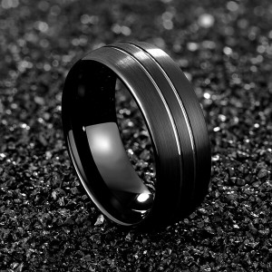 Men 8mm Black Tungsten Carbide Rings Polished Beveled Edge Double Groove Wedding Bands