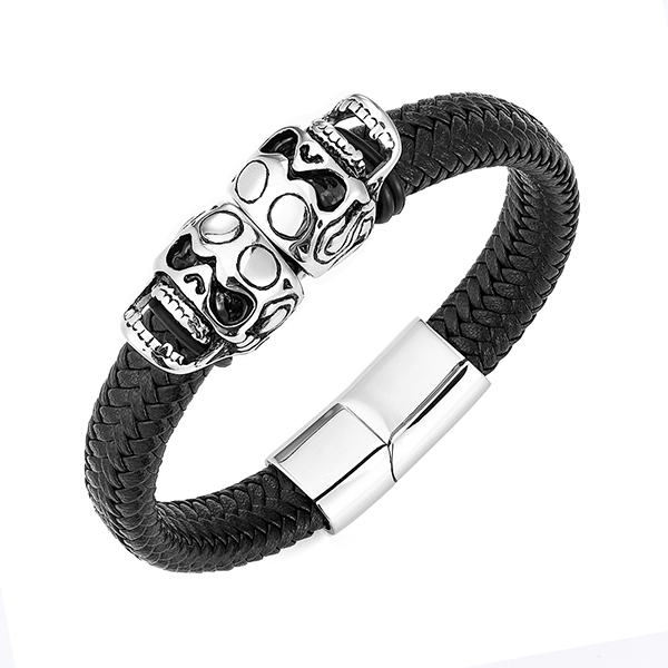 Manufactur standard Tungsten Ring Black And Blue - Customade Leather Bracelet Skull Bracelet For Men Stainless Steel Black Leather – Ouyuan