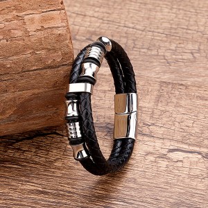 Mens Double-Row Black Braided Leather Bracelet Bangle Wristband with Black Stainless Steel Ornaments