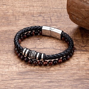 New Bracelet Bead and Leather Braided Bead Leather Bracelet for Men
