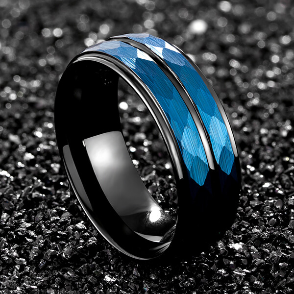 Silver Hammered Ring Mens Wedding Band Tungsten Ring 8mm Blue