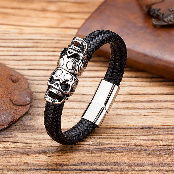 Short Lead Time for Tungsten Ring Advantages - Customade Leather Bracelet Skull Bracelet For Men Stainless Steel Black Leather – Ouyuan detail pictures